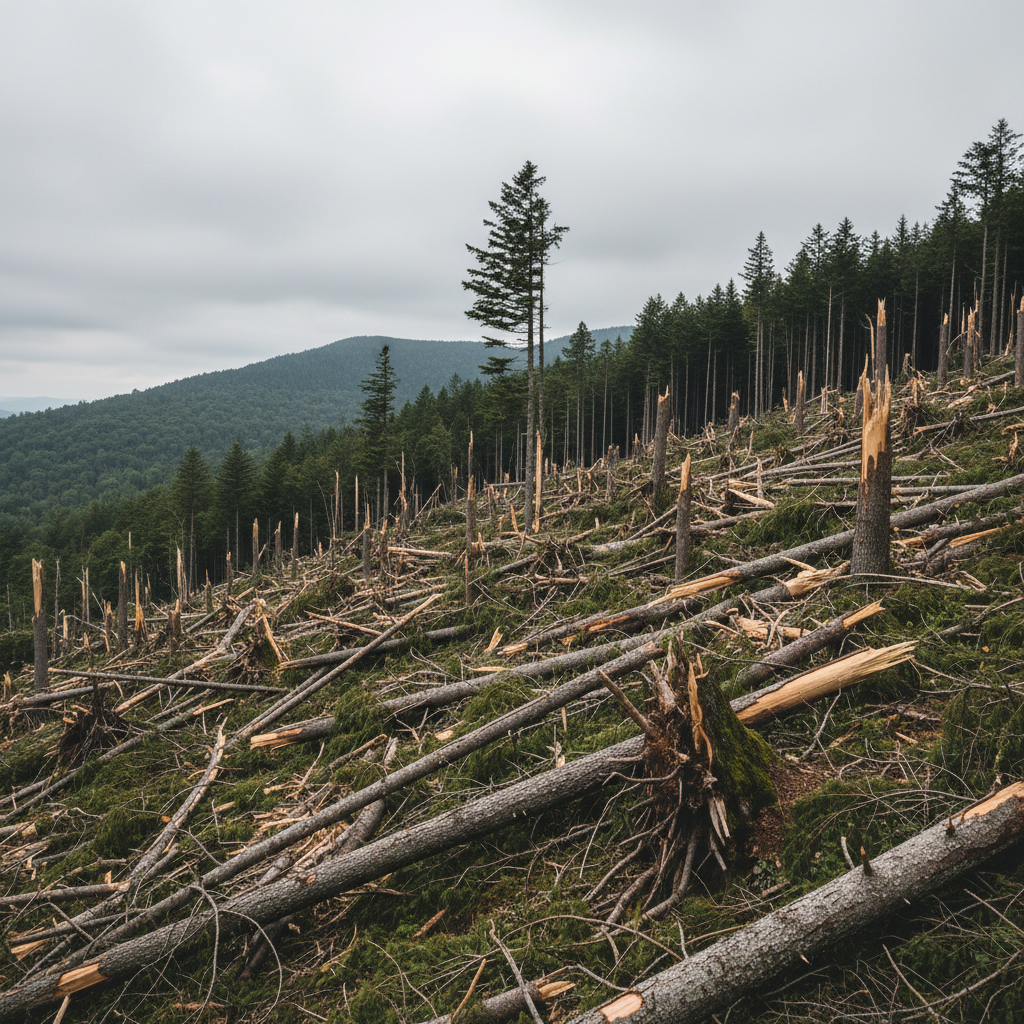 Fallen trees after Hurricane Helene in the Blue Ridge Mountains